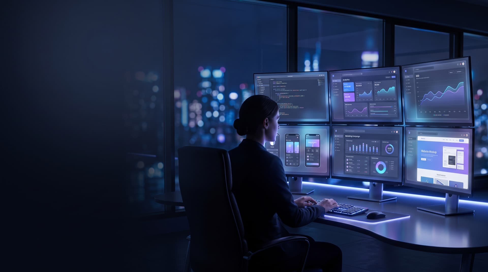 Scaleqode digital growth studio workspace with code, analytics and website dashboards
