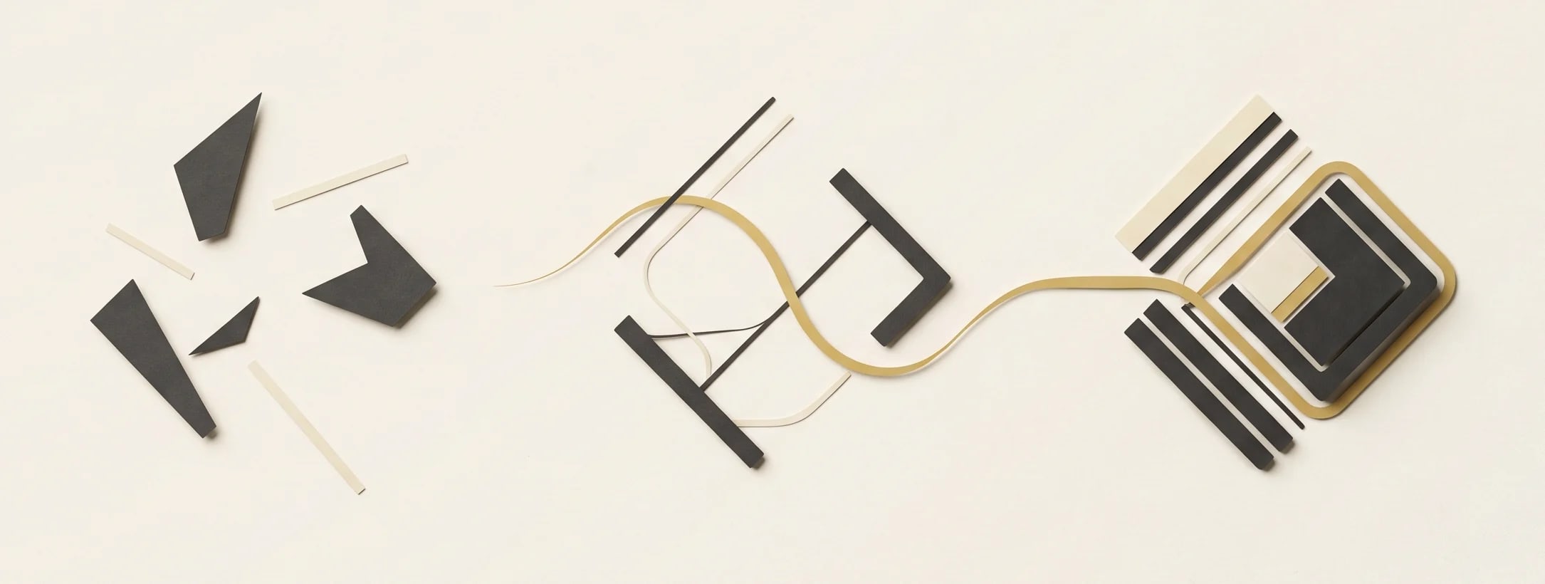 Paper-craft study: loose fragments on the left gather along a single gold thread and resolve into one tightly layered form on the right.